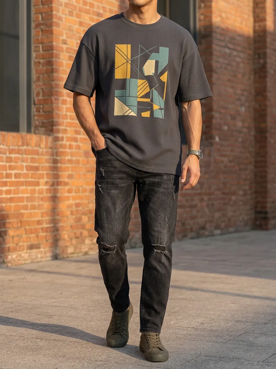 Men's Geometric Abstract Art Printed T-Shirt and Distressed Jeans Set
