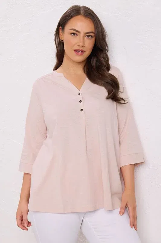 Pink Pleat Front Henley Top