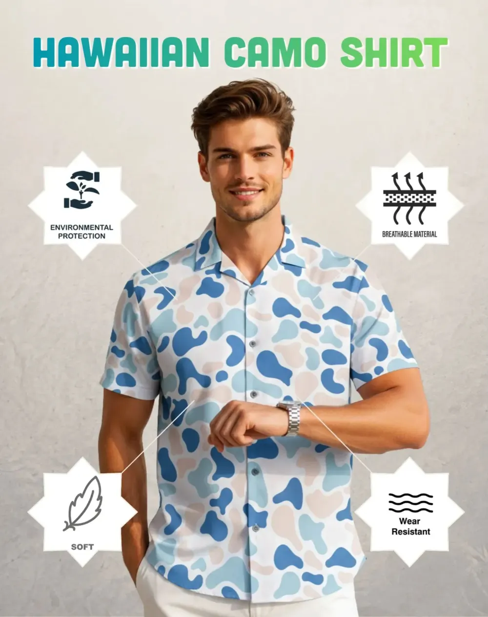 Men's Camo Hawaiian Shirt Duck Hunting Short Sleeve Button-Up Shirts