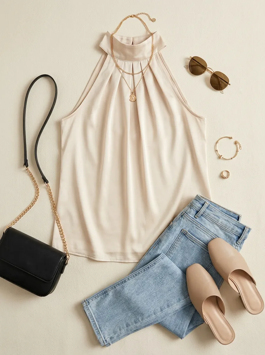 Satin Halter Neck Sleeveless Top