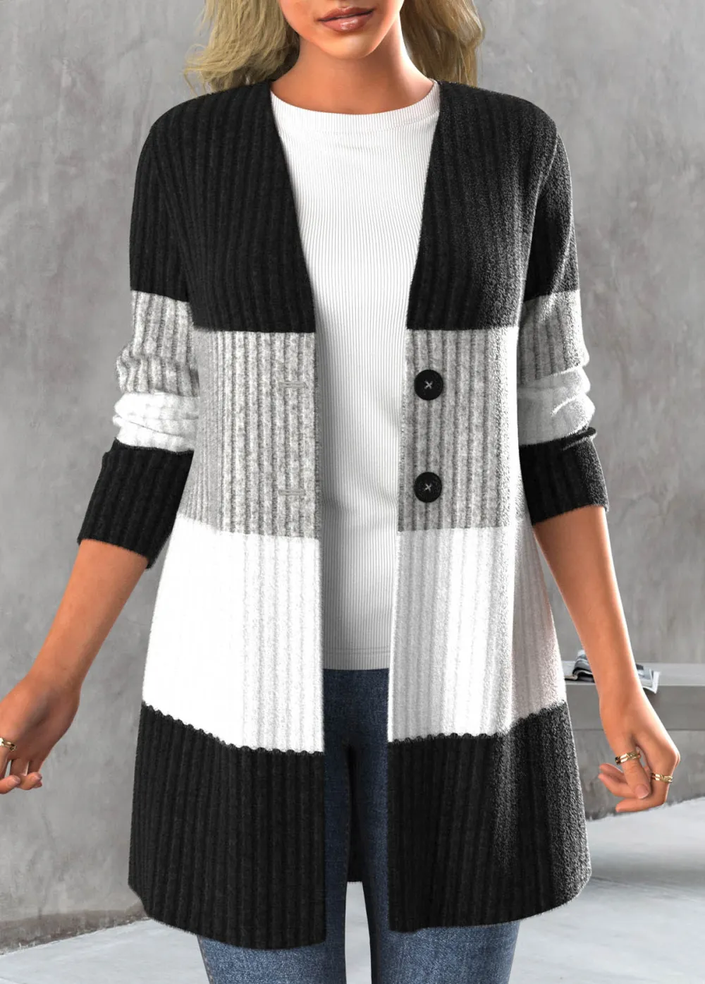 Black Button Contrast Color Long Sleeve Cardigan