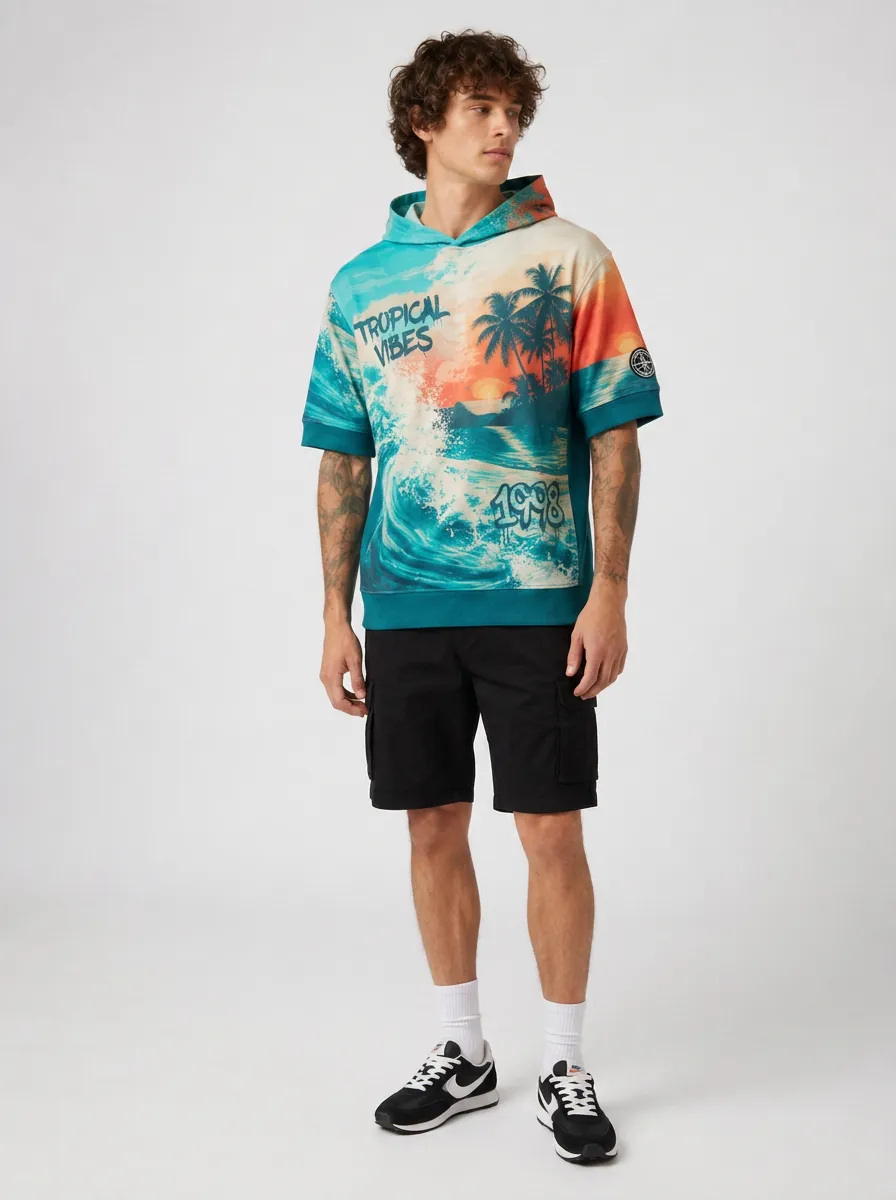 Men's Tropical Beach Sunset 1998 Printed Short Sleeve Hoodie