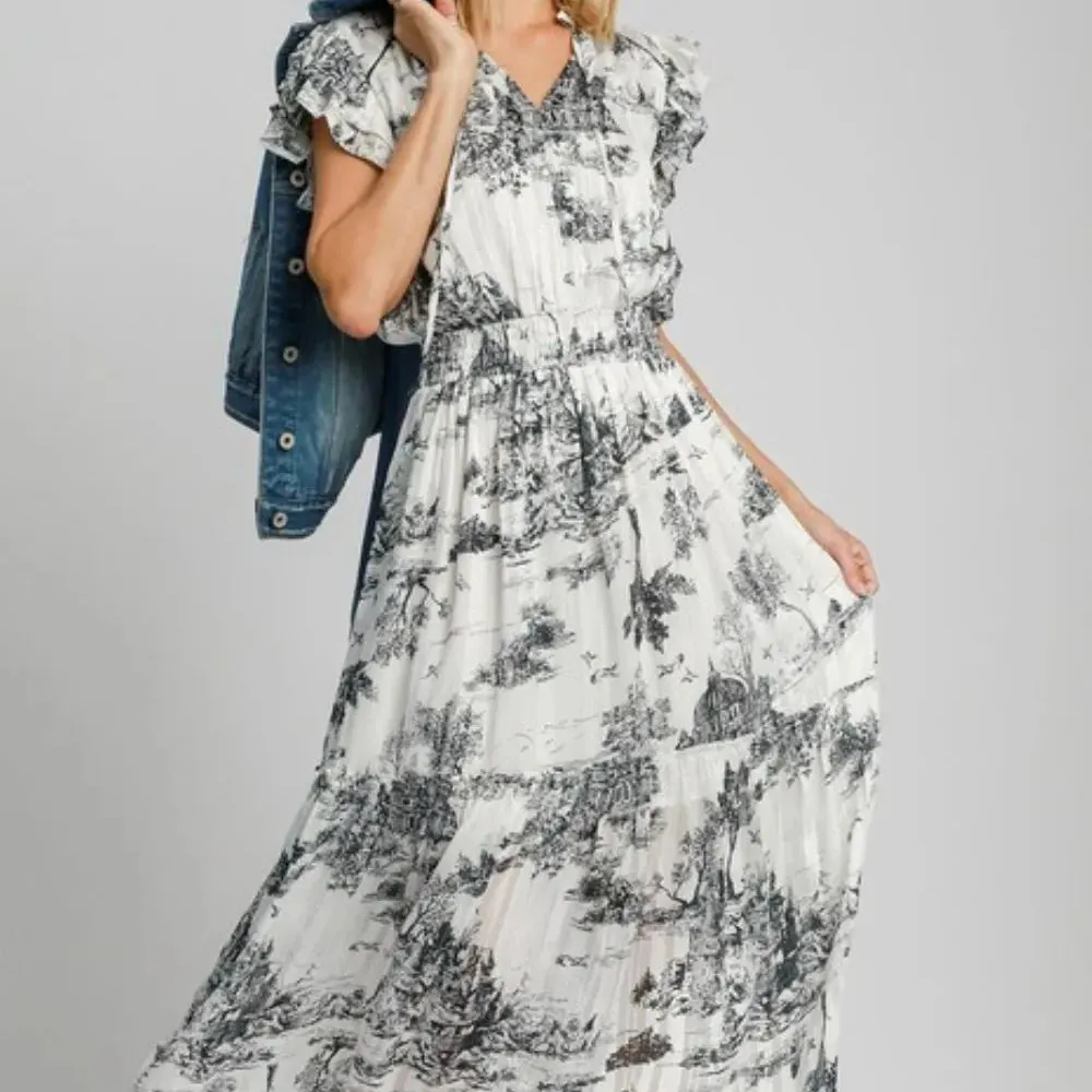 Two Tone Landscape Print Midi Dress