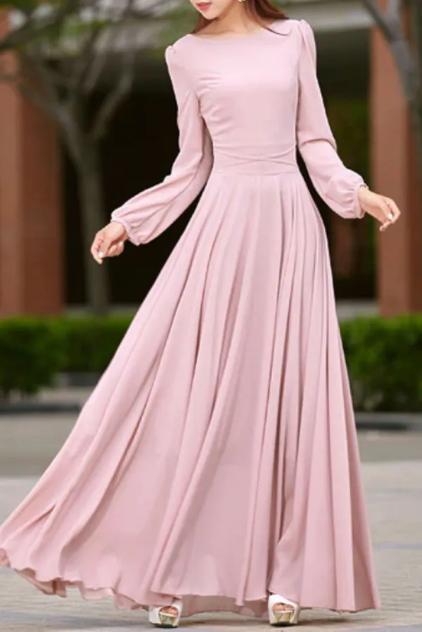Classic Chiffon Swing Long Sleeve Maxi Dress