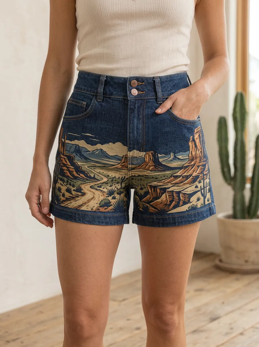 Women's Relaxed Western Desert Landscape Printed Denim Shorts
