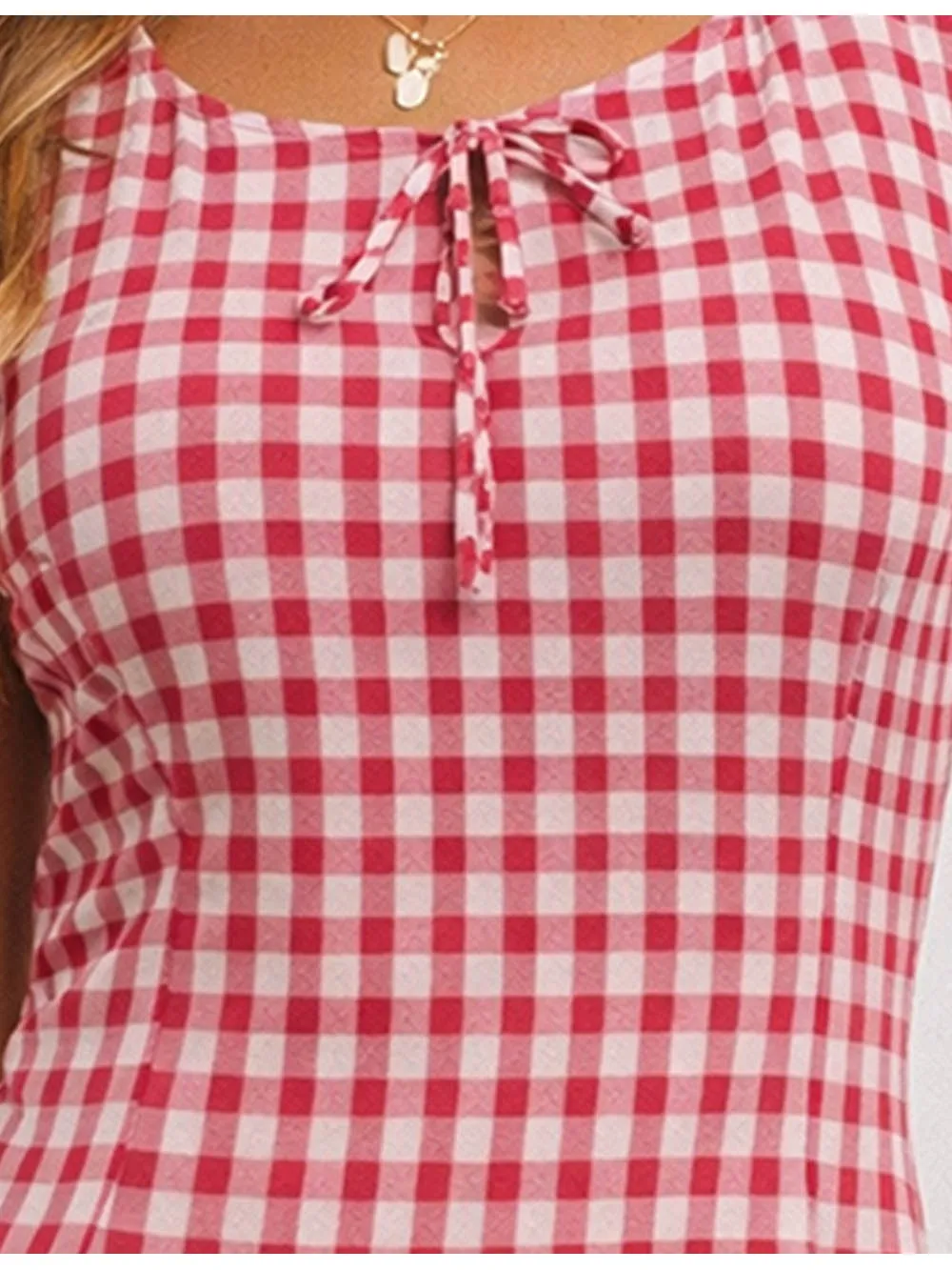 Checked Front Square Neck Sleeveless Mini Dress