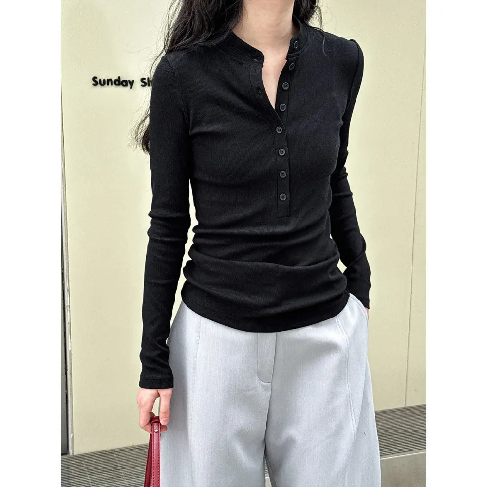 Minimal Slim Fit Single Button Long Sleeve T-Shirt