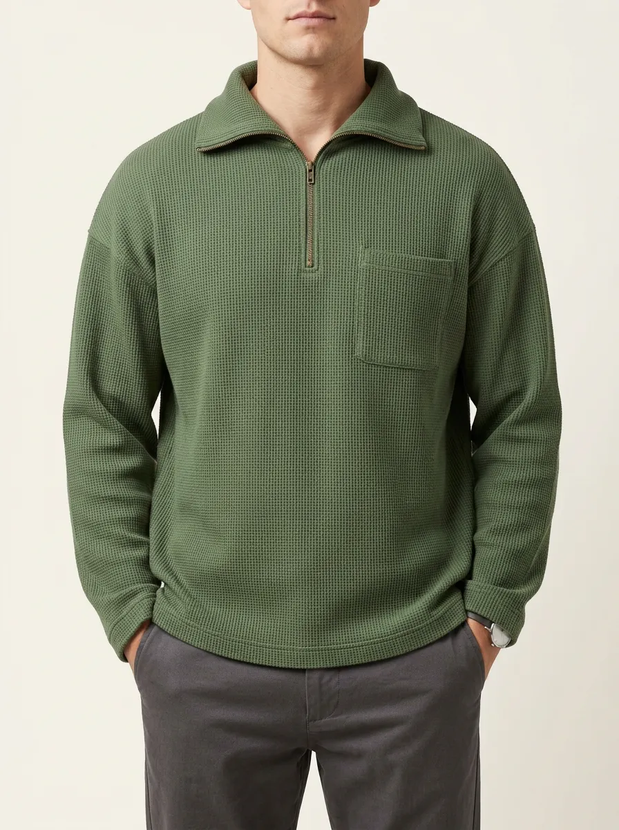 Waffle Knit Sweatshirt with Quarter-Zip Closure for Minimal Casual Wear