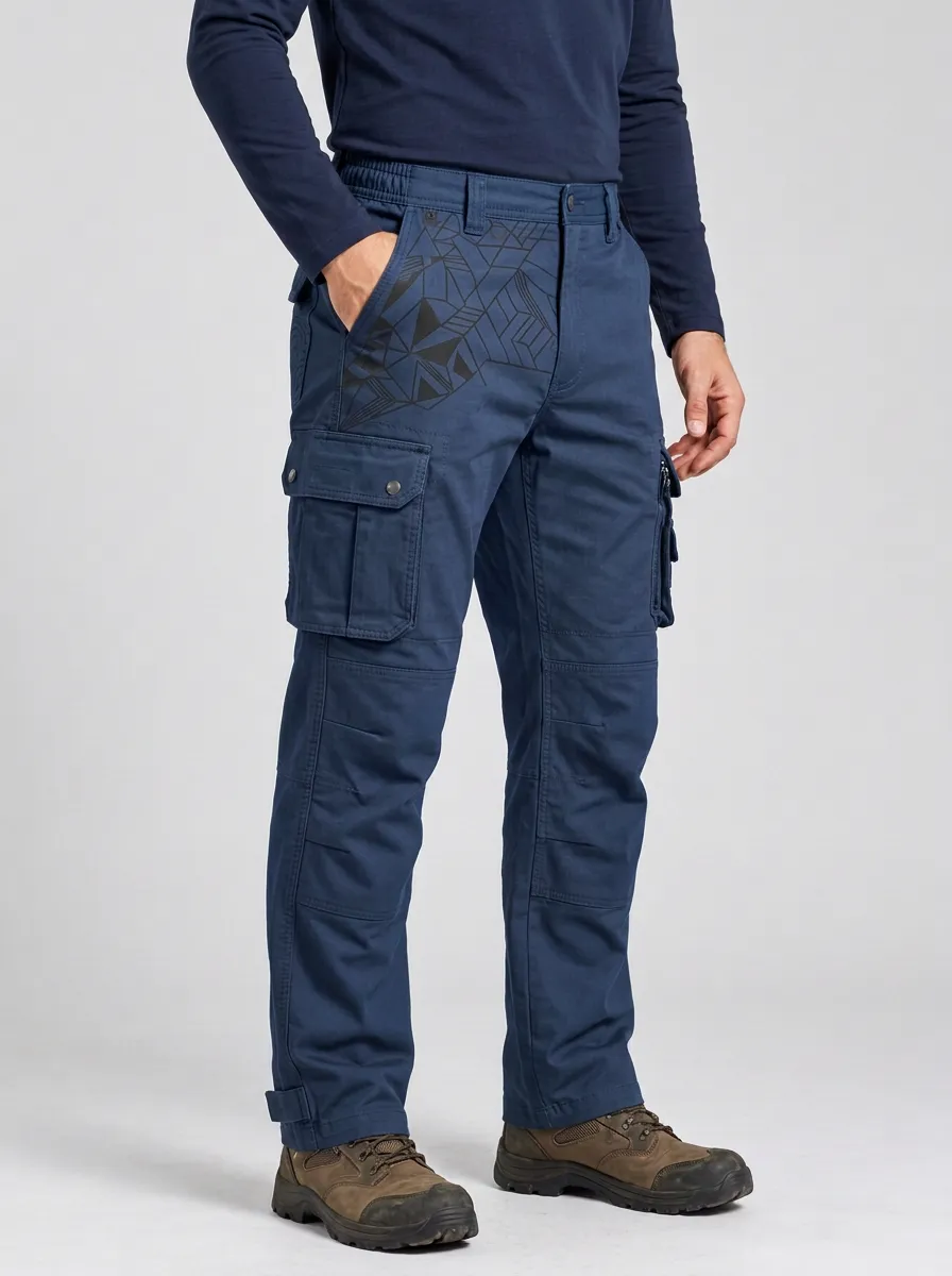 Men's Charcoal Grey Geometric Reinforced Knee Tactical Cargo Pants
