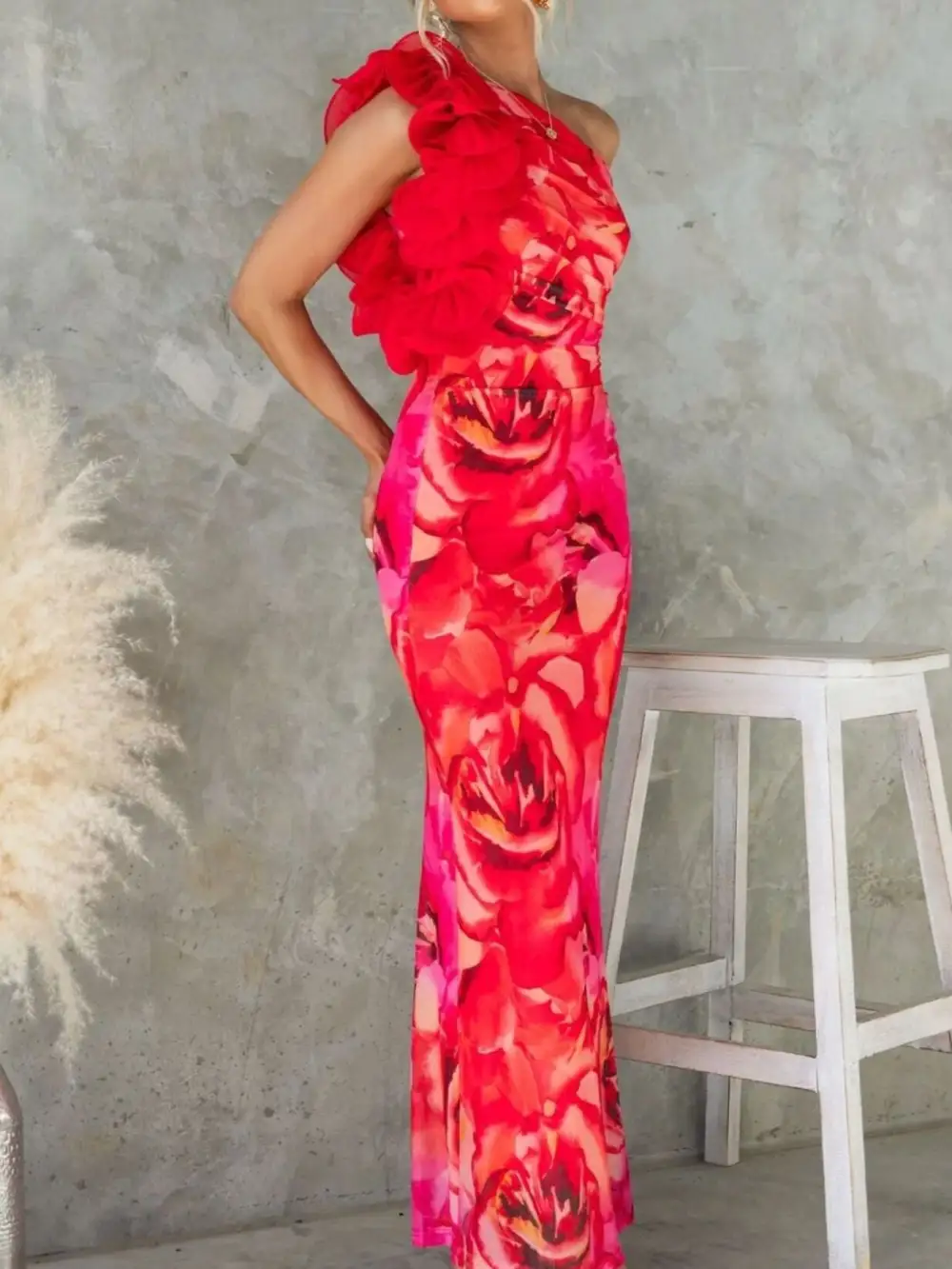 Gathered Detail Floral Printed Maxi Dress