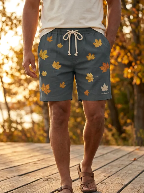 Maple Leaf Print Drawstring Nature Shorts