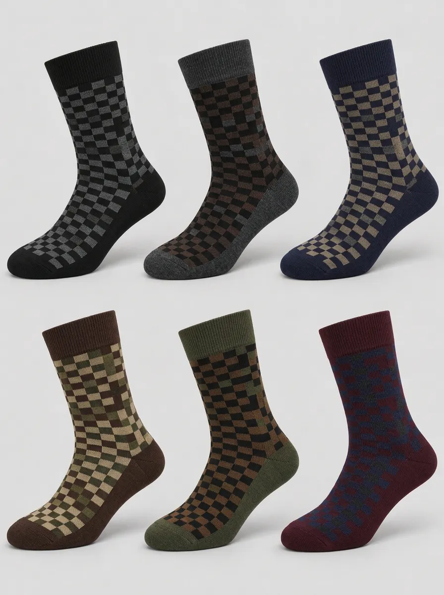 Men's Classic Checkerboard Pattern Printed Socks 6-Pack