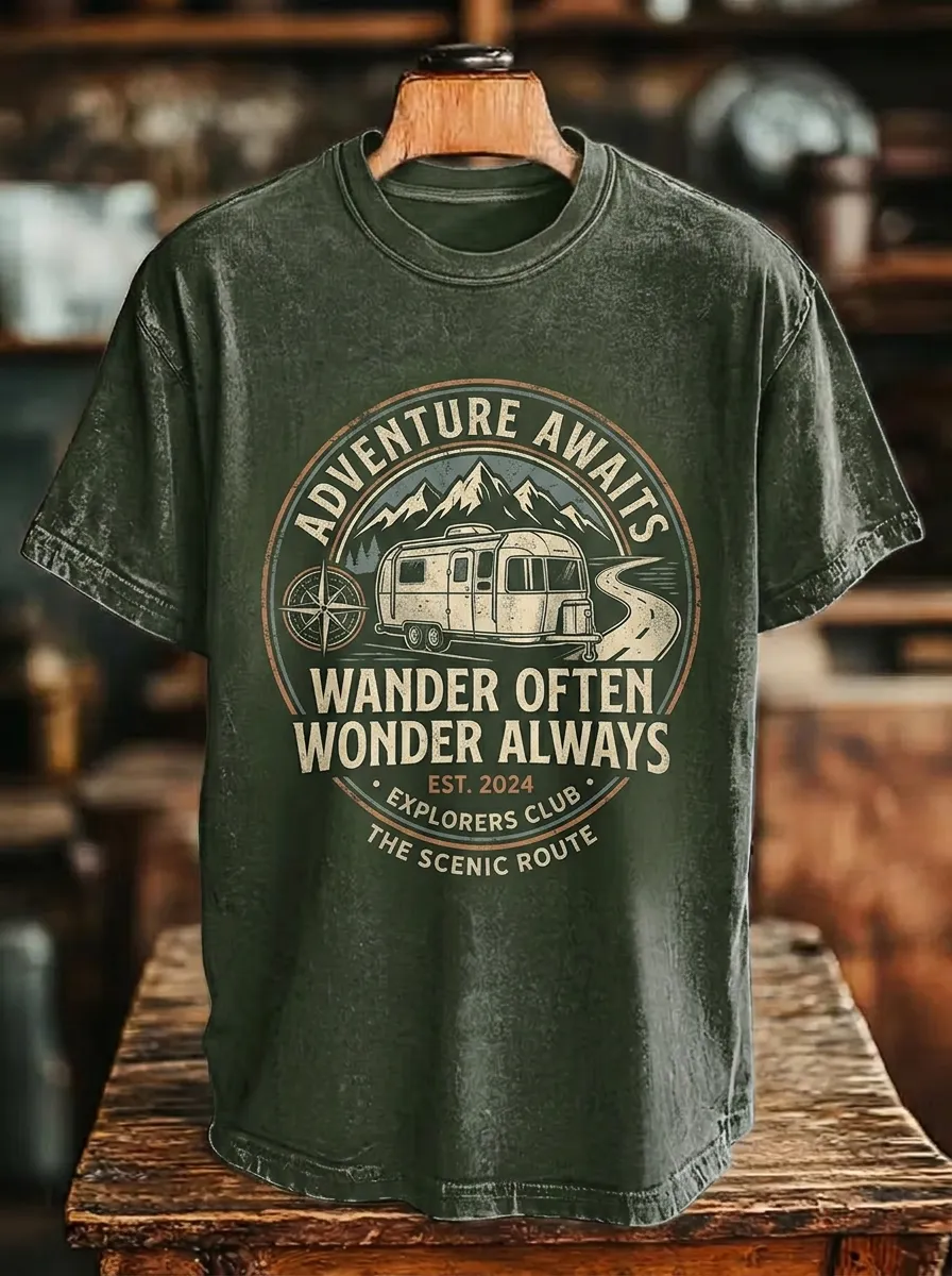 Unisex Camping Lover Adventure Awaits Camper Van Printed T-shirt