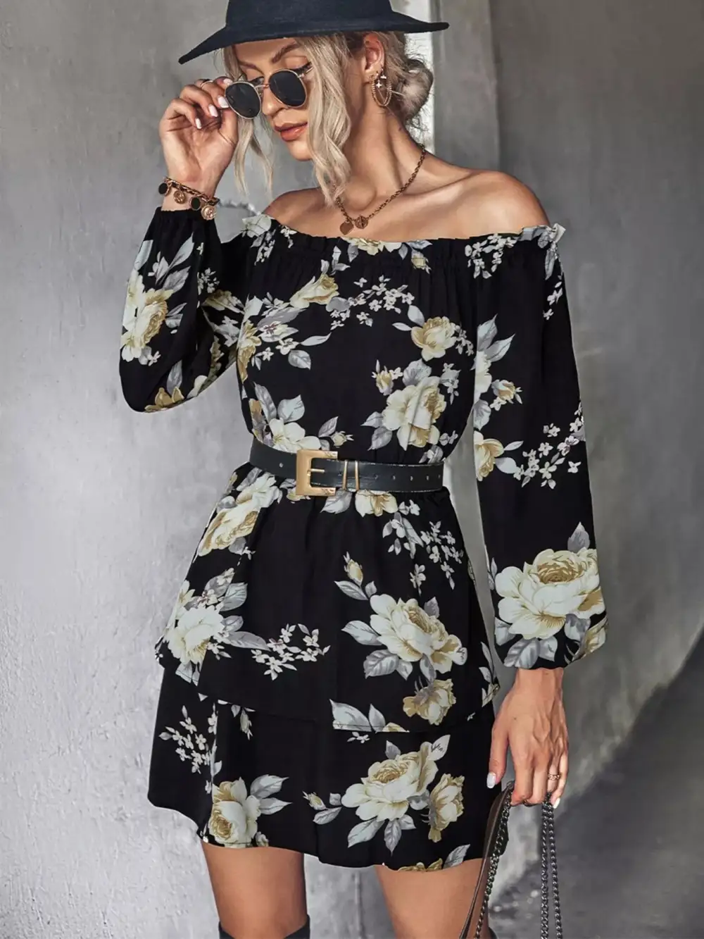 Relaxed Shape Floral Printed Long Sleeve Mini Dress