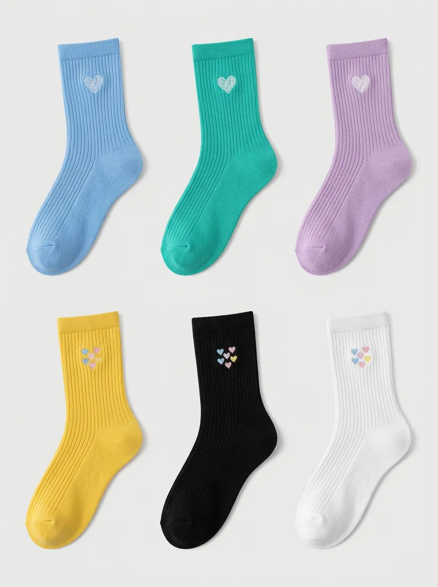 Women's Heart Pattern Embroidered Ribbed Multi-Pack Socks