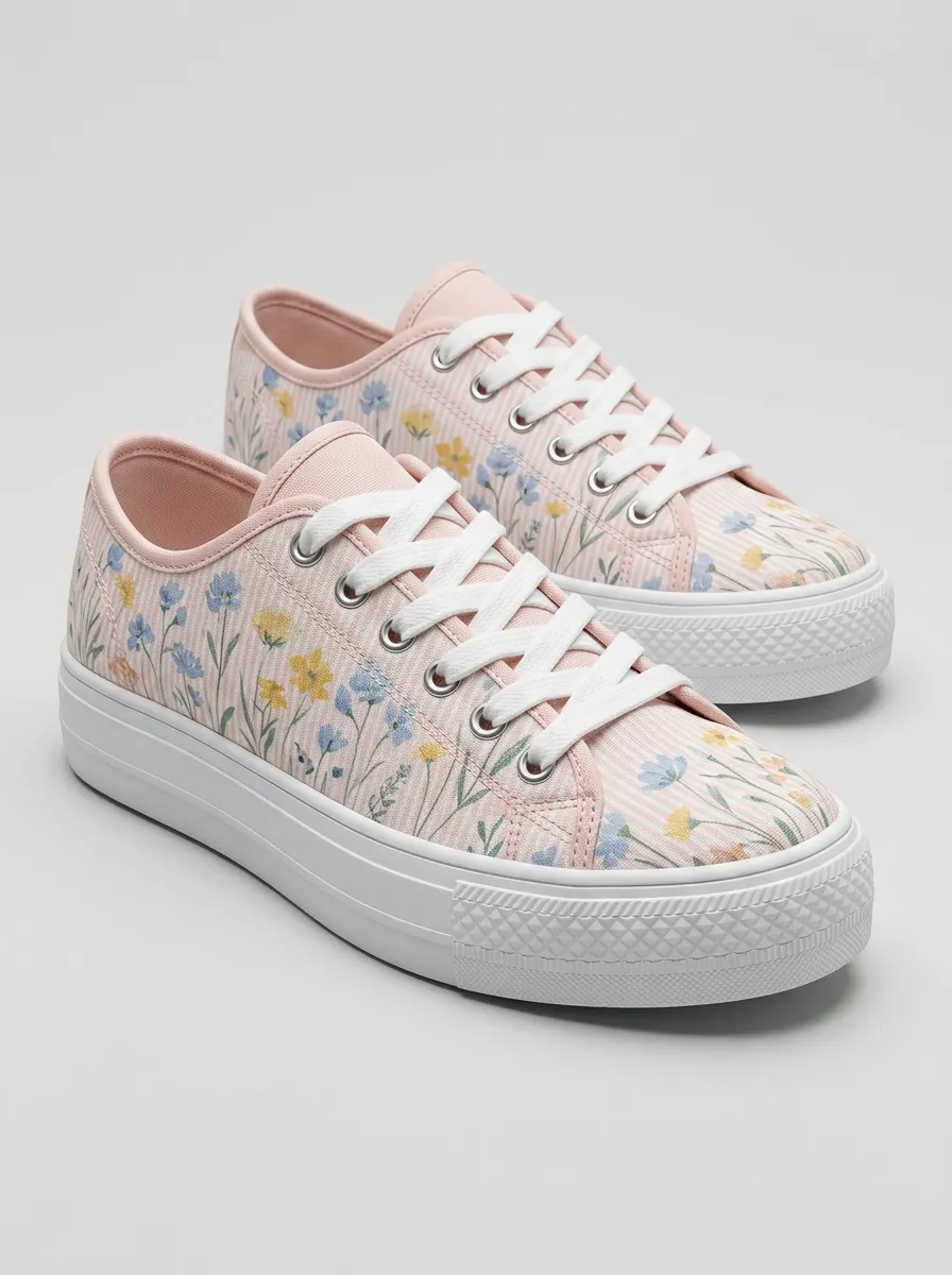 Women's Floral Lover Pink Striped Wildflower Printed Sneakers