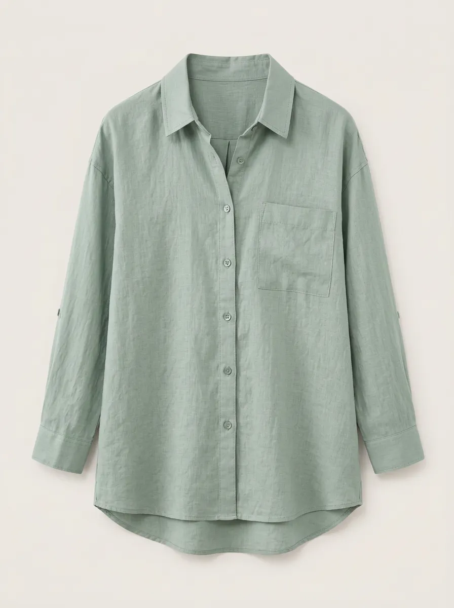 Women's Button Down Shirt Casual Sage Green Linen Blend