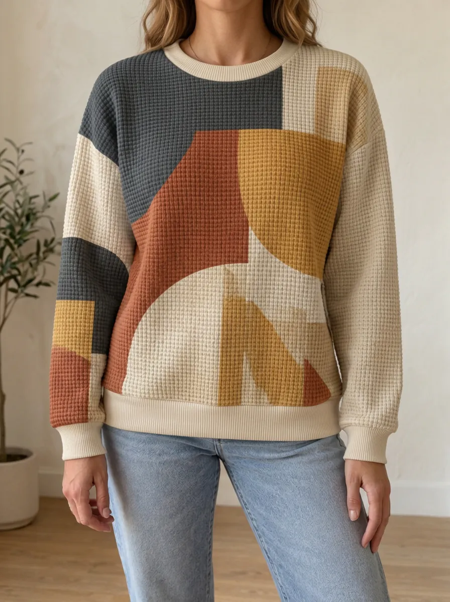 Women's Abstract Geometric Pattern Casual Waffle Knit Crewneck Sweatshirt