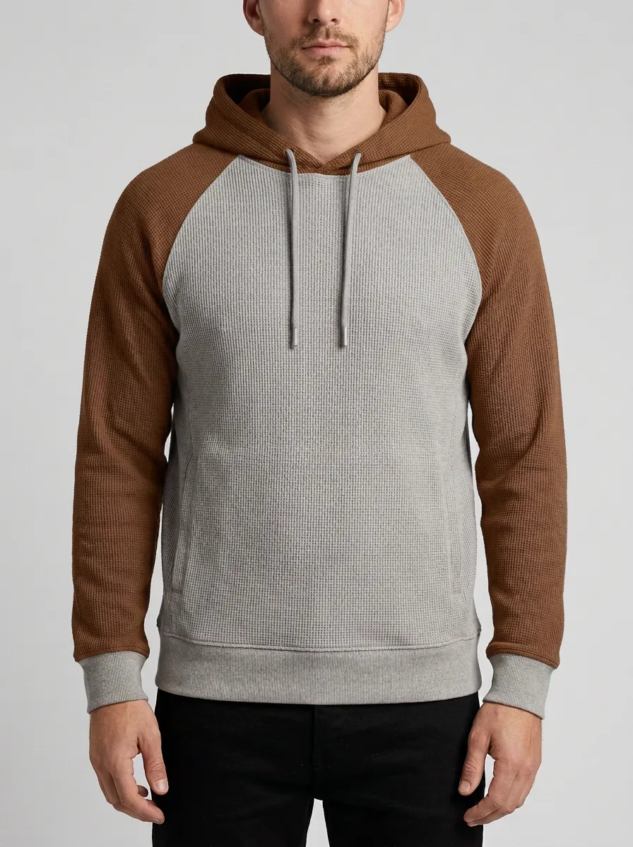 Men's Two-Tone Waffle-Knit Raglan Colorblock Pullover Hoodie