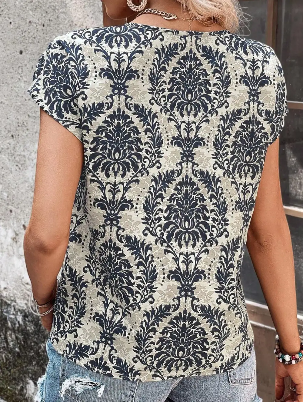 Print V-Neck Batwing Sleeve Top