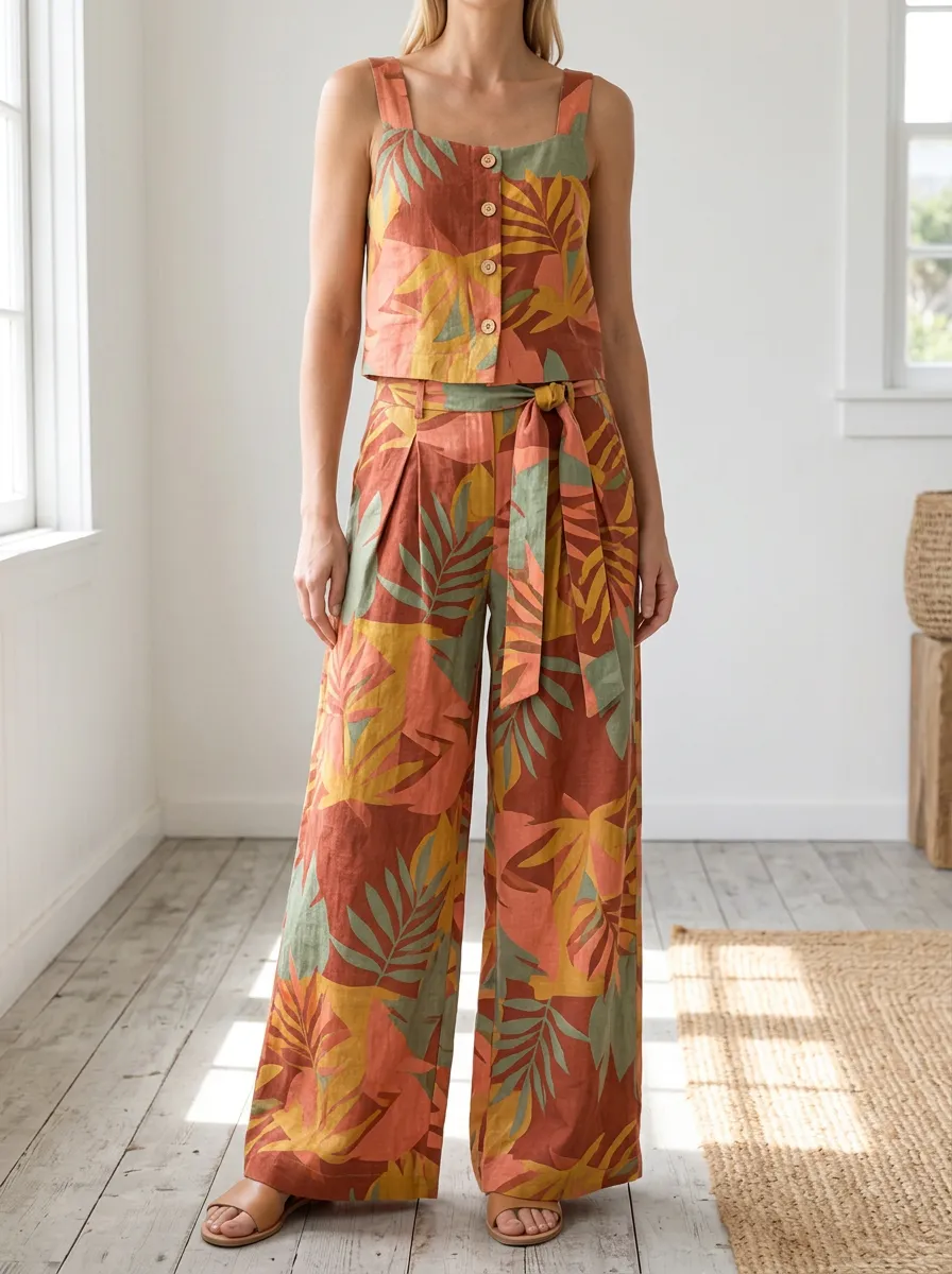 Women's Summer Tropical Leaf Patterned Button-Down Tank Wide Leg Pants Set