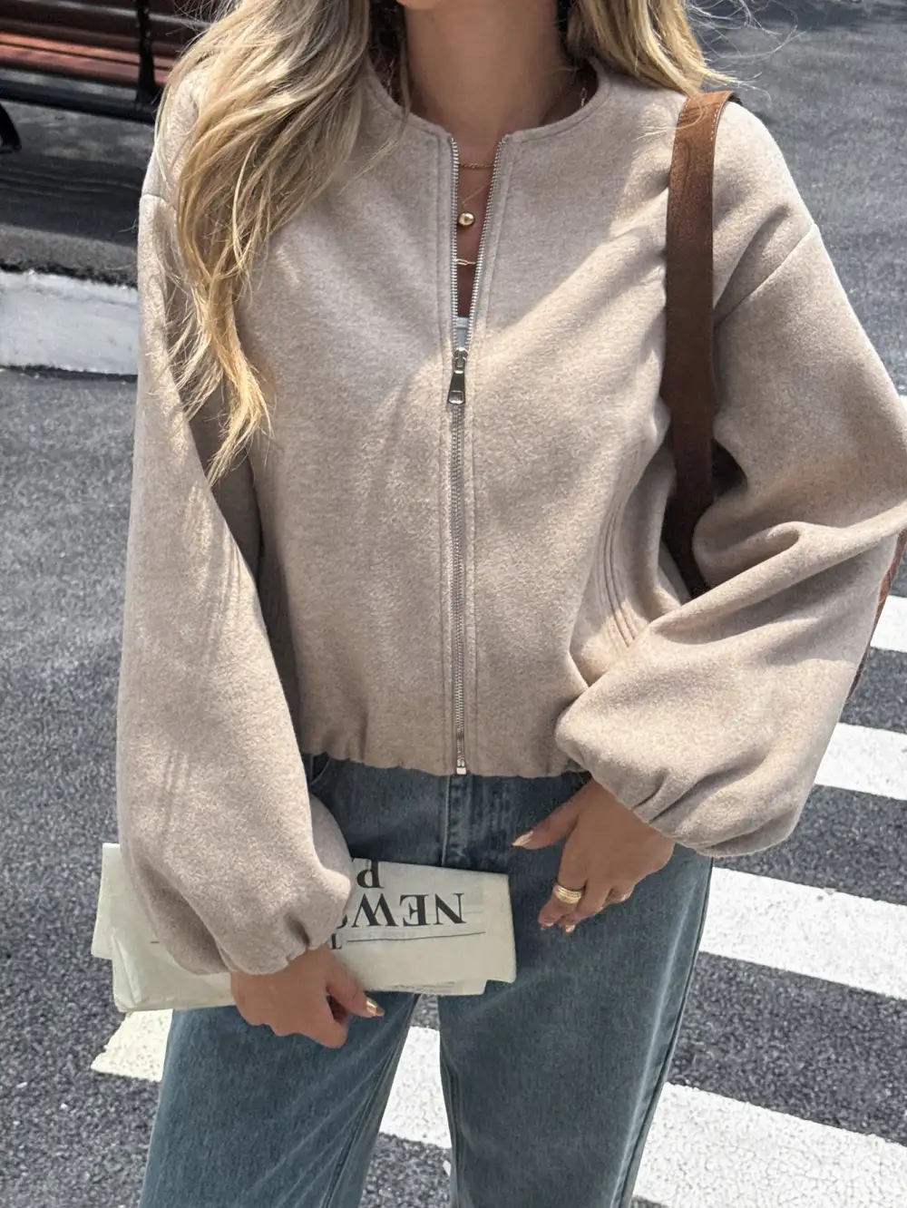 Textured Zip Front Elastic Hem Bomber Jacket