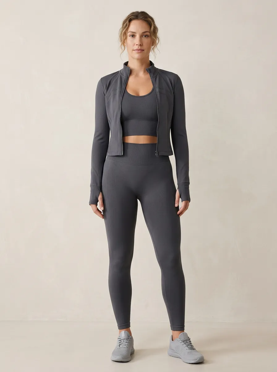Utility Ribbed Texture Seamless Design Activewear Women's Three Piece Activewear Set