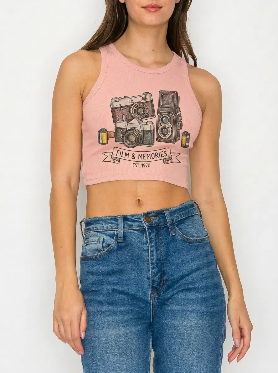 Women's Photography Film Cameras Graphic Ribbed Crop Tank Top