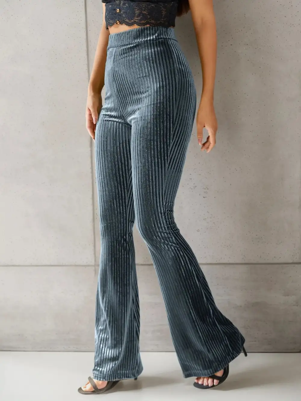 High Waist Ribbed Velvet Flare Pants