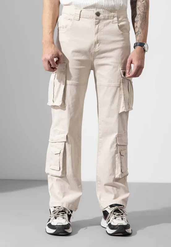 Cream Multi Pocket Cargo Pants