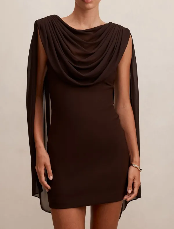 Brown Mini Dress With Attached Flowy Shawl