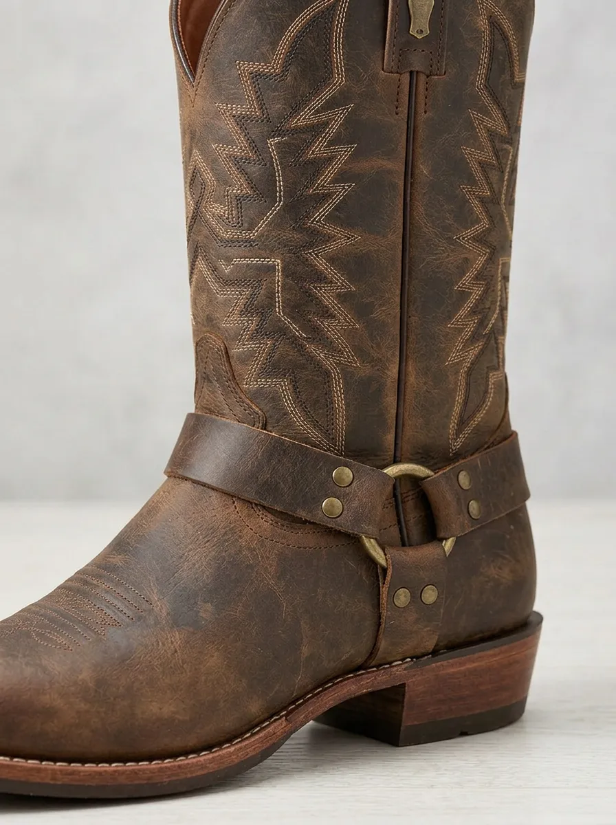 Men's Western Cowboy Distressed Leather Embroidered Harness Boots