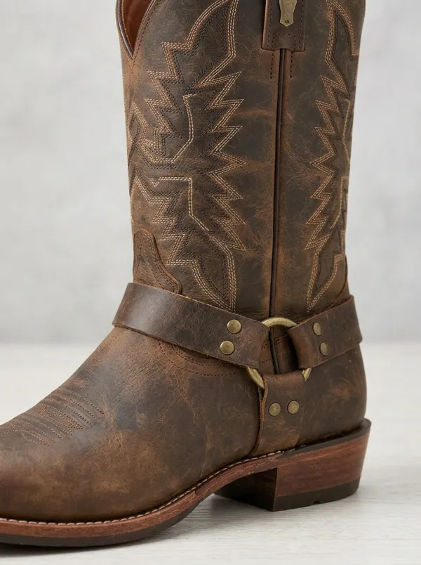 Men's Western Cowboy Distressed Leather Embroidered Harness Boots