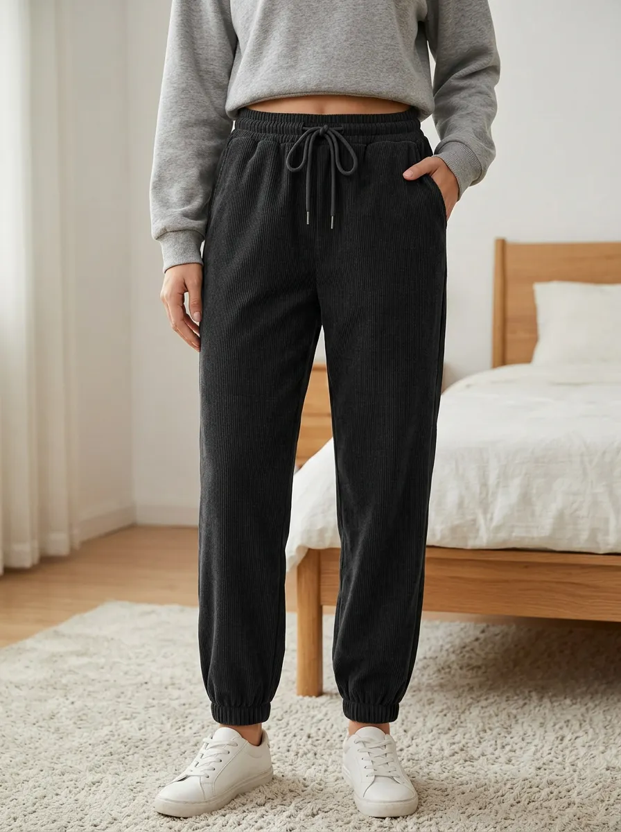 Women's Mid-Rise Tapered Drawstring Corduroy Jogger Pants