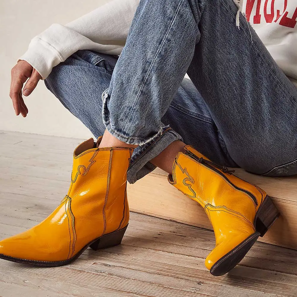 Patent Embroidered Zip-Up Pointed-Toe Ankle Boots