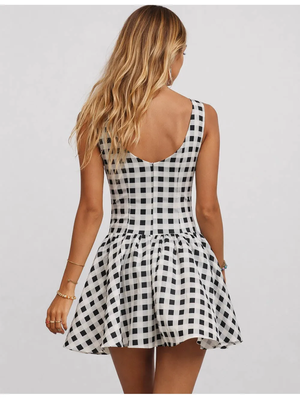 Checked Square Neck Sleeveless Puff Hem Mini Dress
