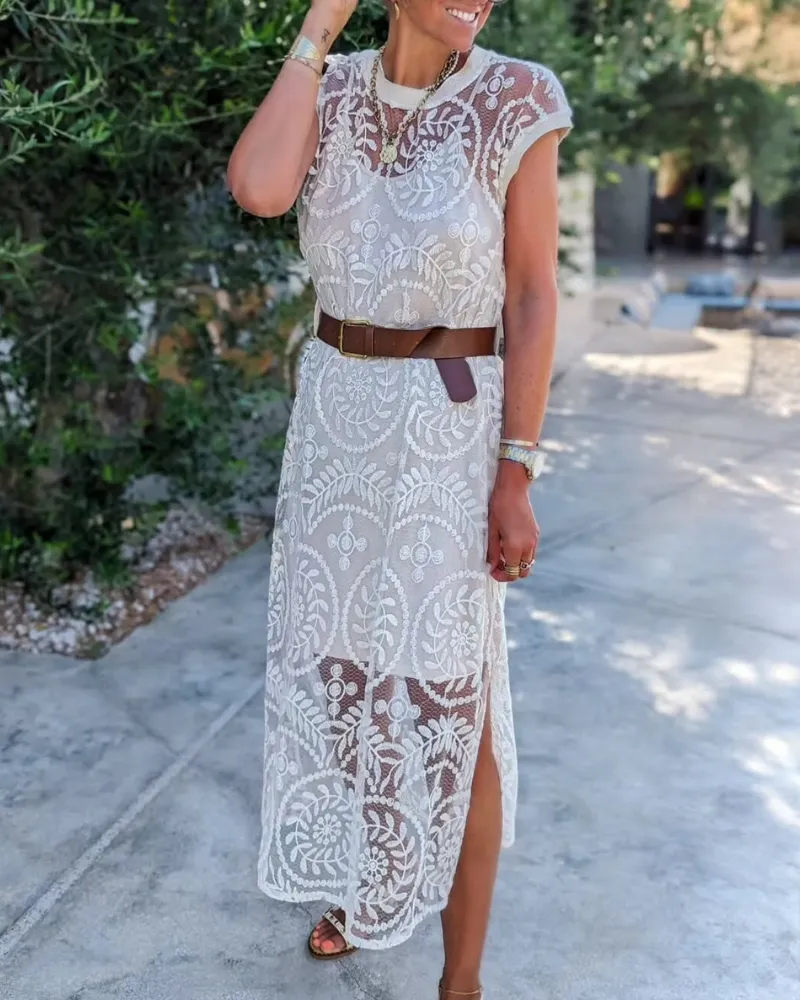 Lace Trim Floral Midi Dress