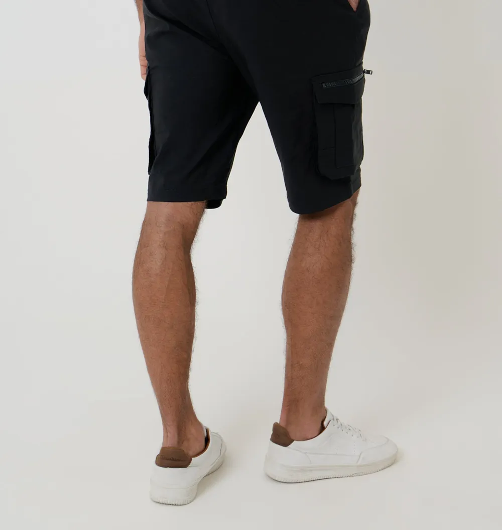 Black Elastic-Waist Stretch Cargo Shorts