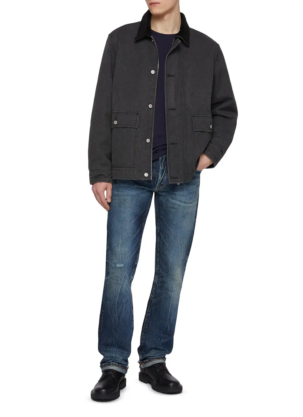 Simple Soft Straight-Cut Dark Blue Cottom Jeans