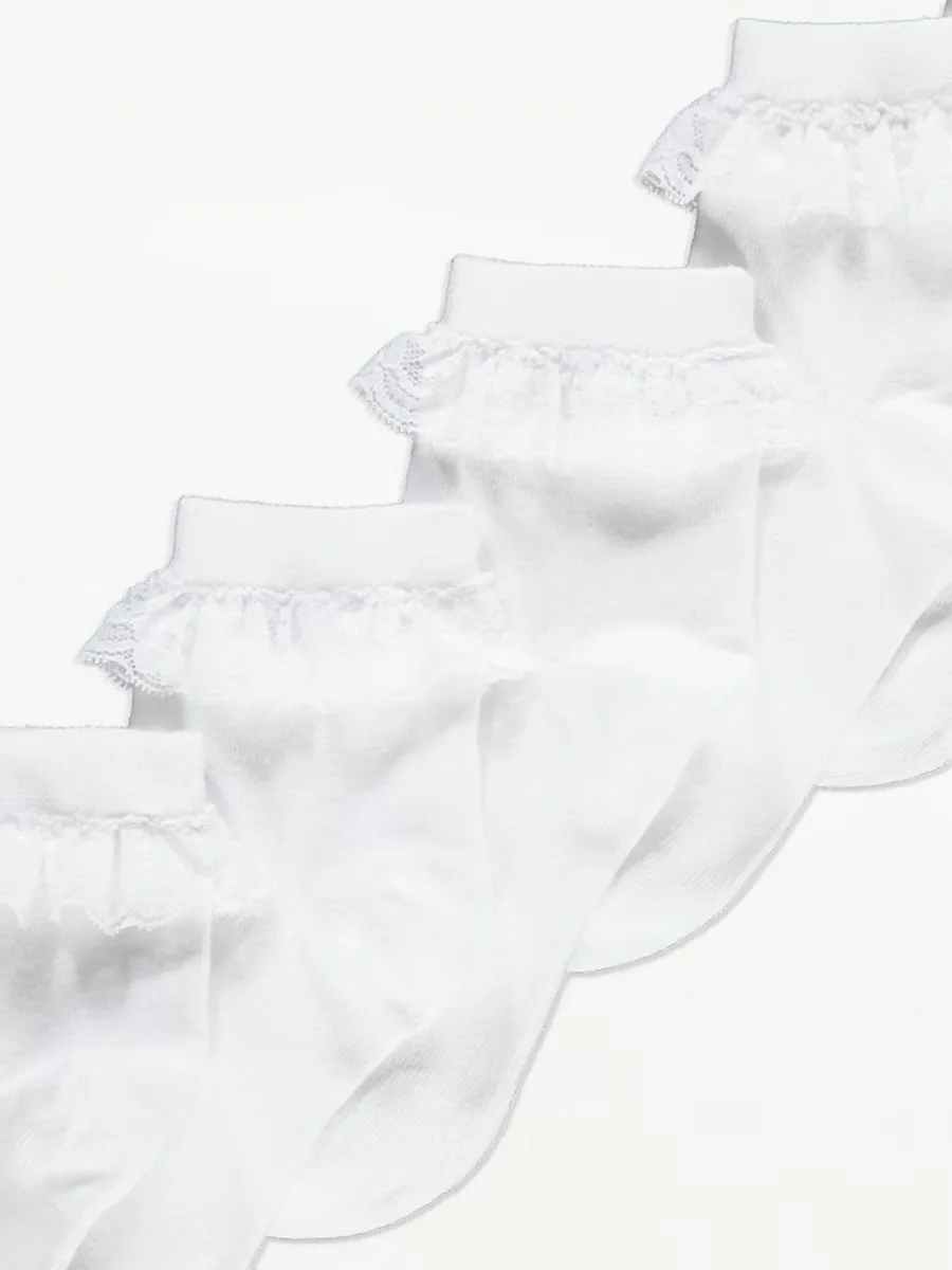 White Lace Top Cotton Rich Ankle Socks 5 Pack