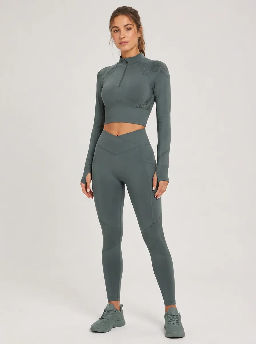 Women's Gym Fitness Seamless Zip-Up Crop Top High-Waist Leggings Set