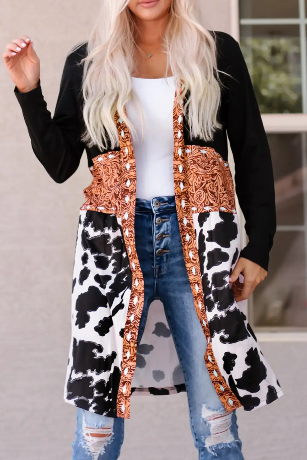Open Front Patchwork Cardigan
