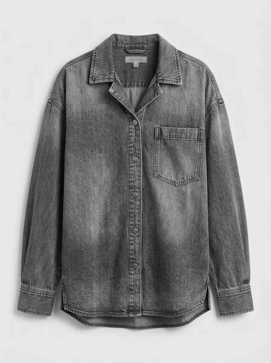 Women's Casual Vintage Grey Washed Denim Button Down Shirt
