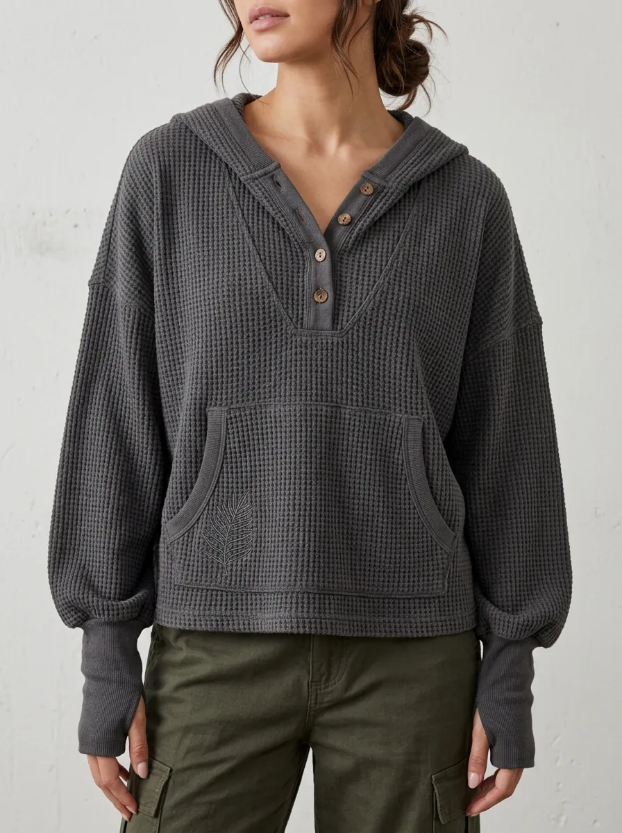 Women's Leaf Nature Lover Waffle Knit Printed Hoodie Top