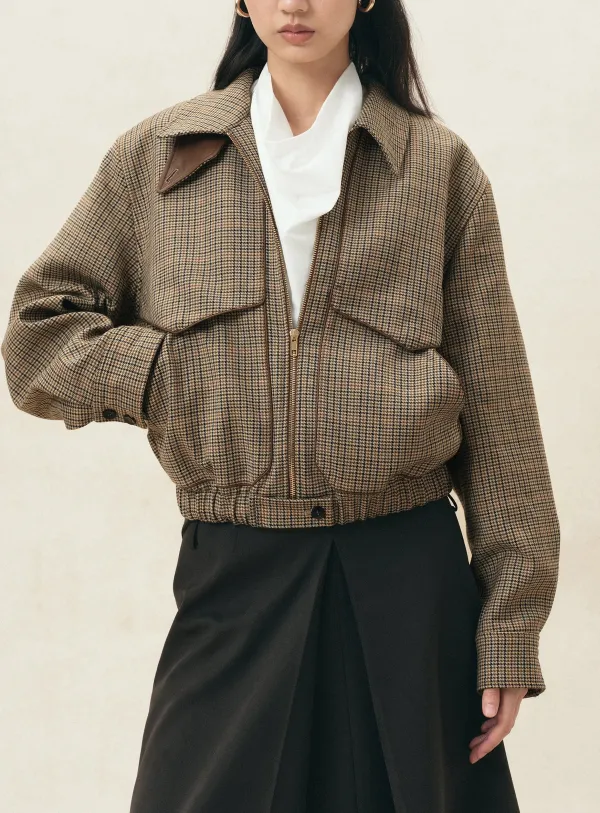 Houndstooth Bomber Jacket With Pockets