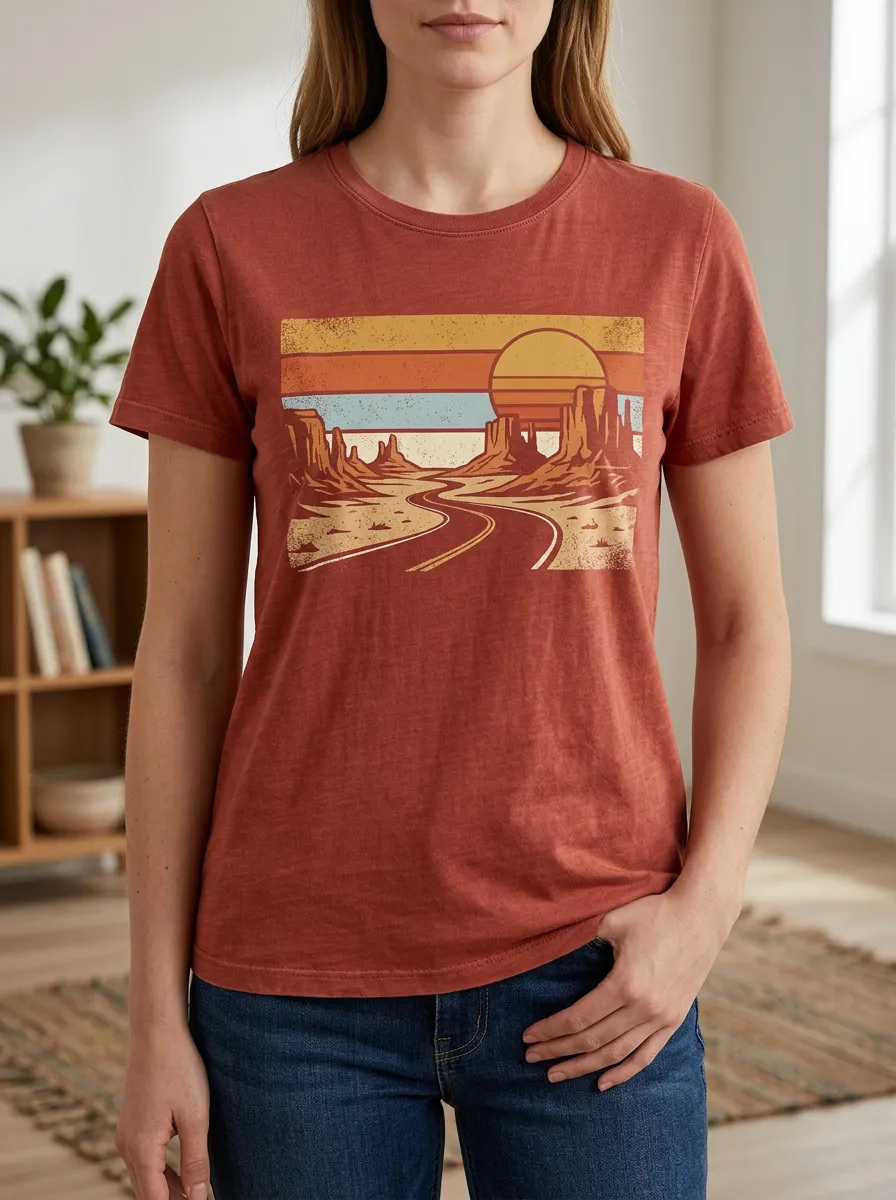 Women's Desert Road Trip Lover Vintage Sunset Printed T-shirt