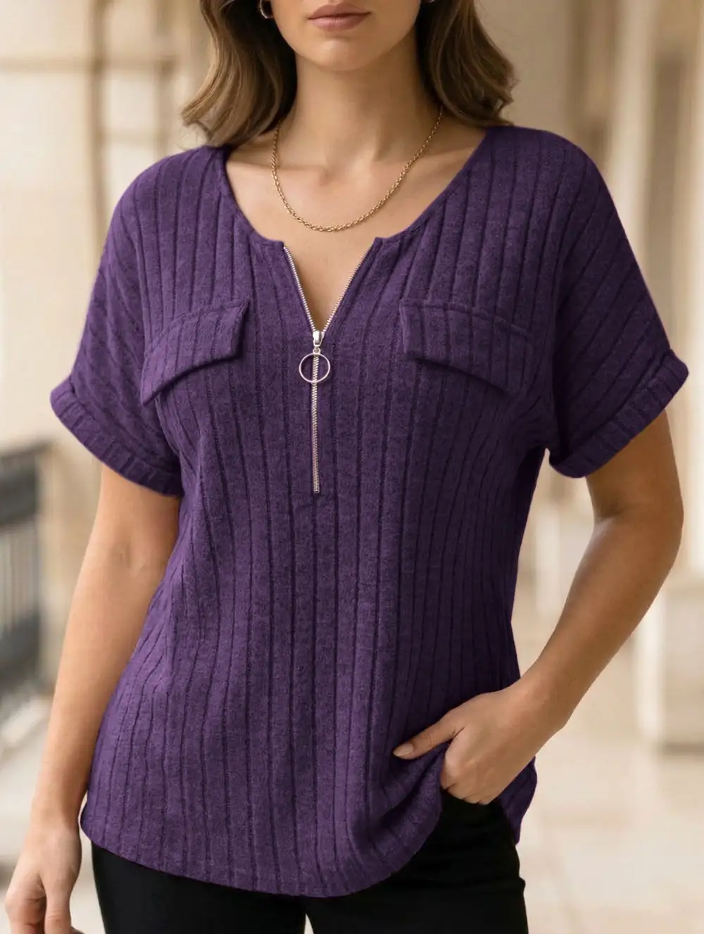 Ribbed V-Neck Knit Top