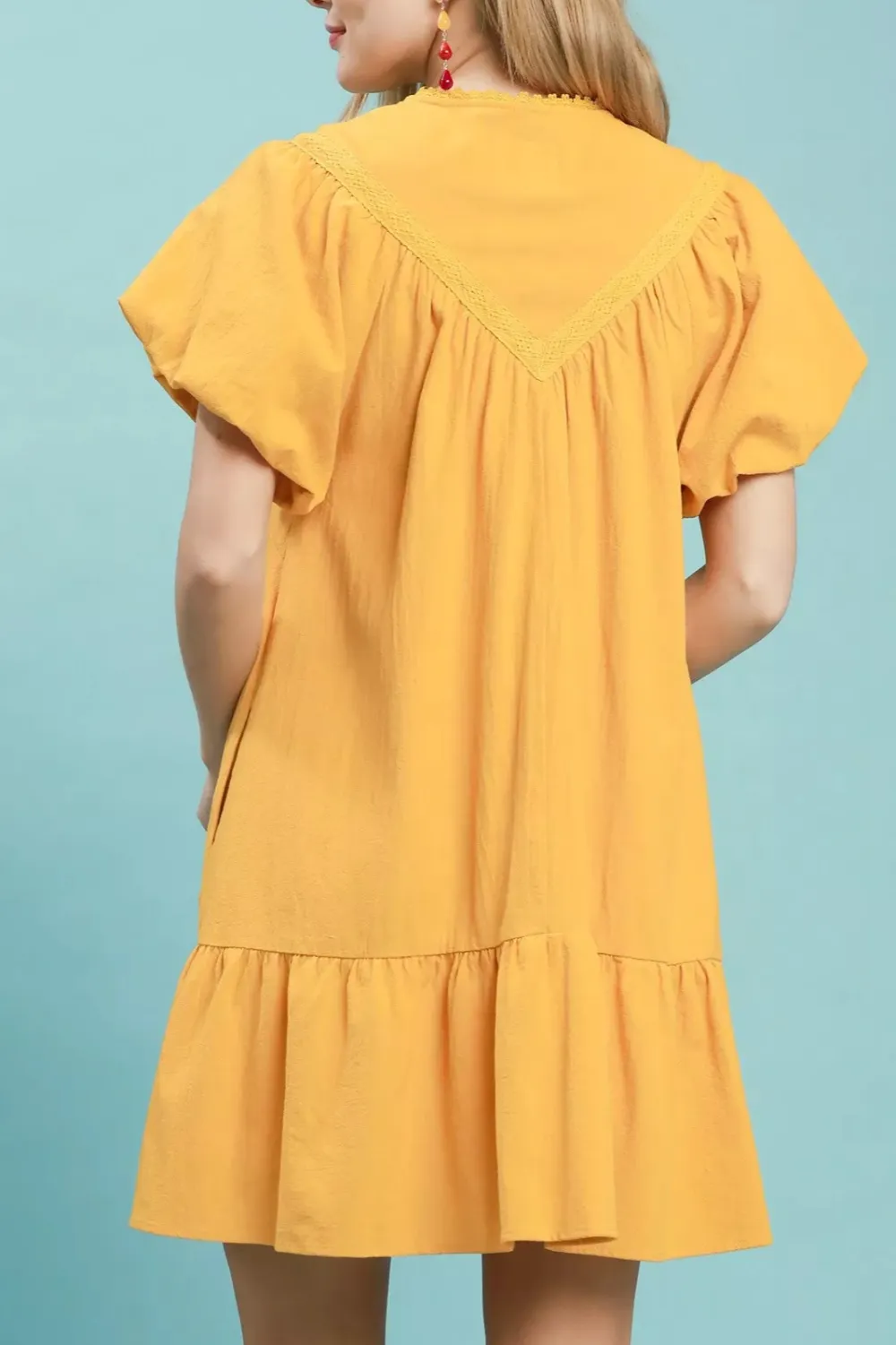 V-Neck Flutter Sleeve Ruffle Hem Lace Trim Mini Dress