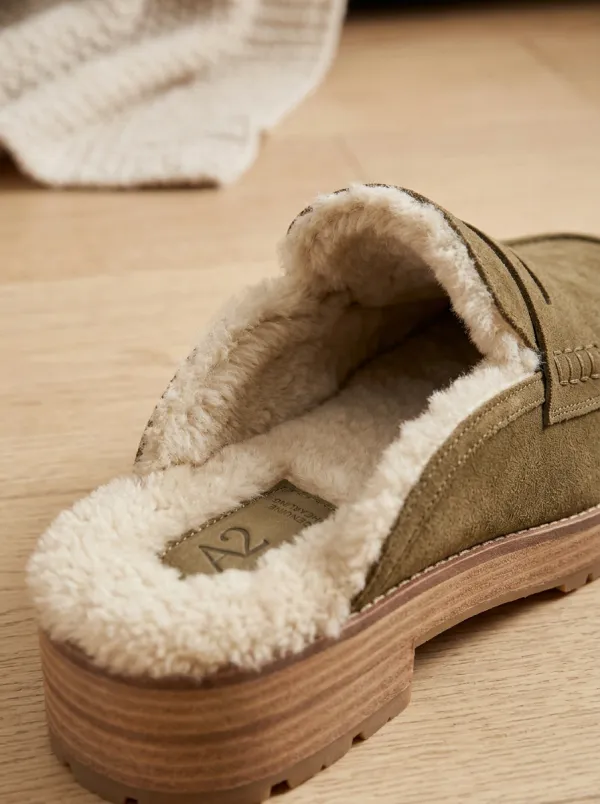 Women's Rugged Faux Fur Lined Platform Clog Style Suede Wood Sole Loafers