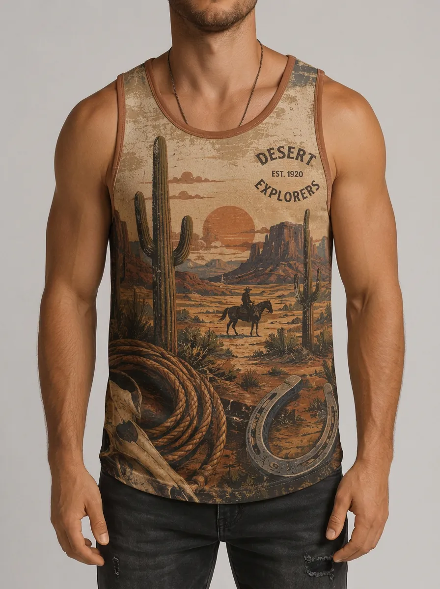 Men's Western Cowboy Desert Explorer Cactus Printed Tank Top